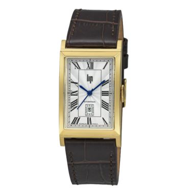 Lip Churchill T26 automatic watch with silver dial and brown leather strap, 46 x 26 mm
