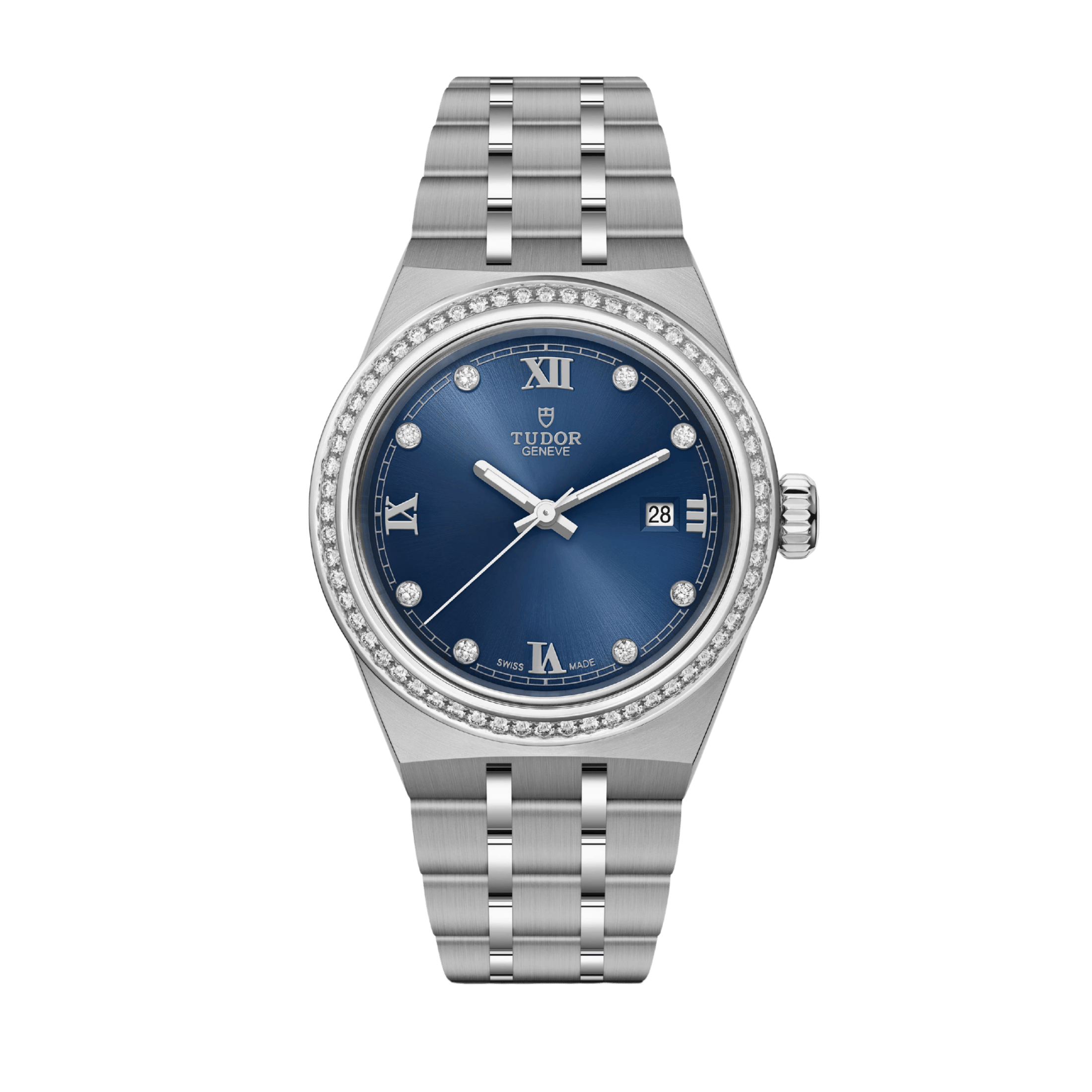 Montre Tudor Royal automatique lunette sertie diamants index diamants cadran bleu bracelet acier 28 mm