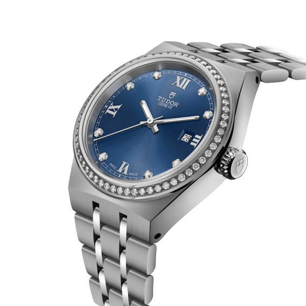 Montre Tudor Royal automatique lunette sertie diamants index diamants cadran bleu bracelet acier 28 mm