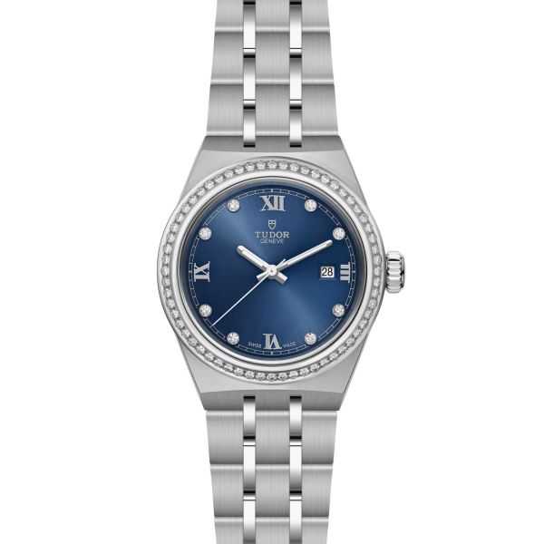 Montre Tudor Royal automatique lunette sertie diamants index diamants cadran bleu bracelet acier 28 mm