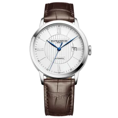 Montre Baume et Mercier Classima automatique cadran argenté bracelet cuir alligator marron 40 mm 10214