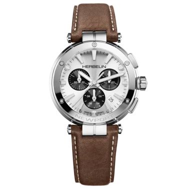 Michel Herbelin Newport Chrono quartz watch with silver dial and brown leather strap, 40.5 mm