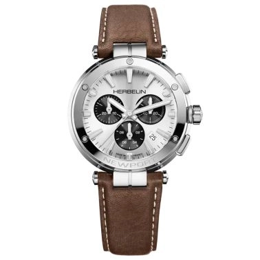Montre Michel Herbelin Newport Chrono quartz cadran argenté bracelet cuir marron 40,5 mm
