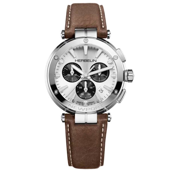 Montre Michel Herbelin Newport Chrono quartz cadran argenté bracelet cuir marron 40,5 mm