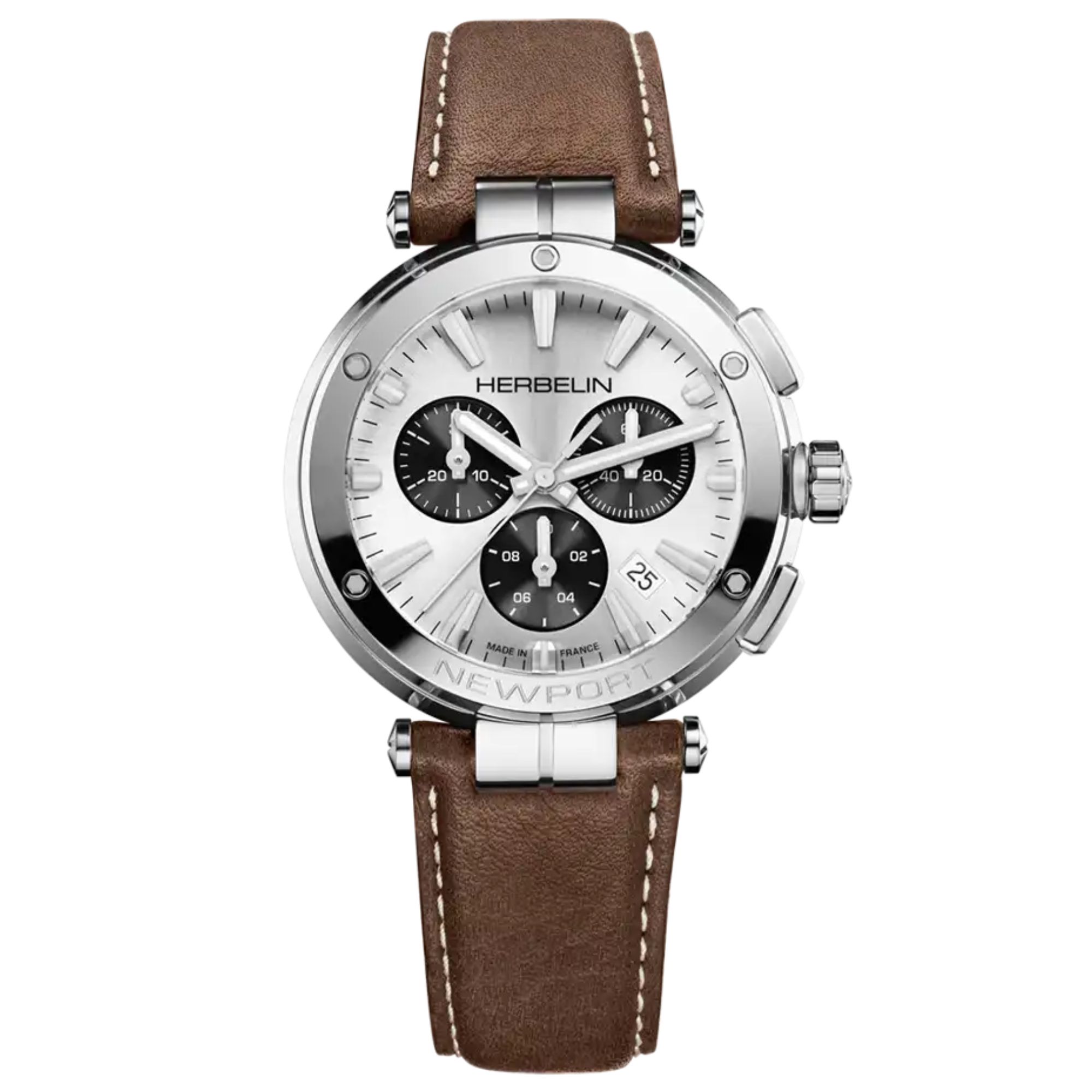 Montre Michel Herbelin Newport Chrono quartz cadran argenté bracelet cuir marron 40,5 mm