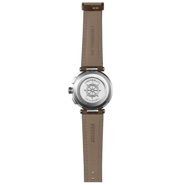 Montre Michel Herbelin Newport Chrono quartz cadran argenté bracelet cuir marron 40,5 mm