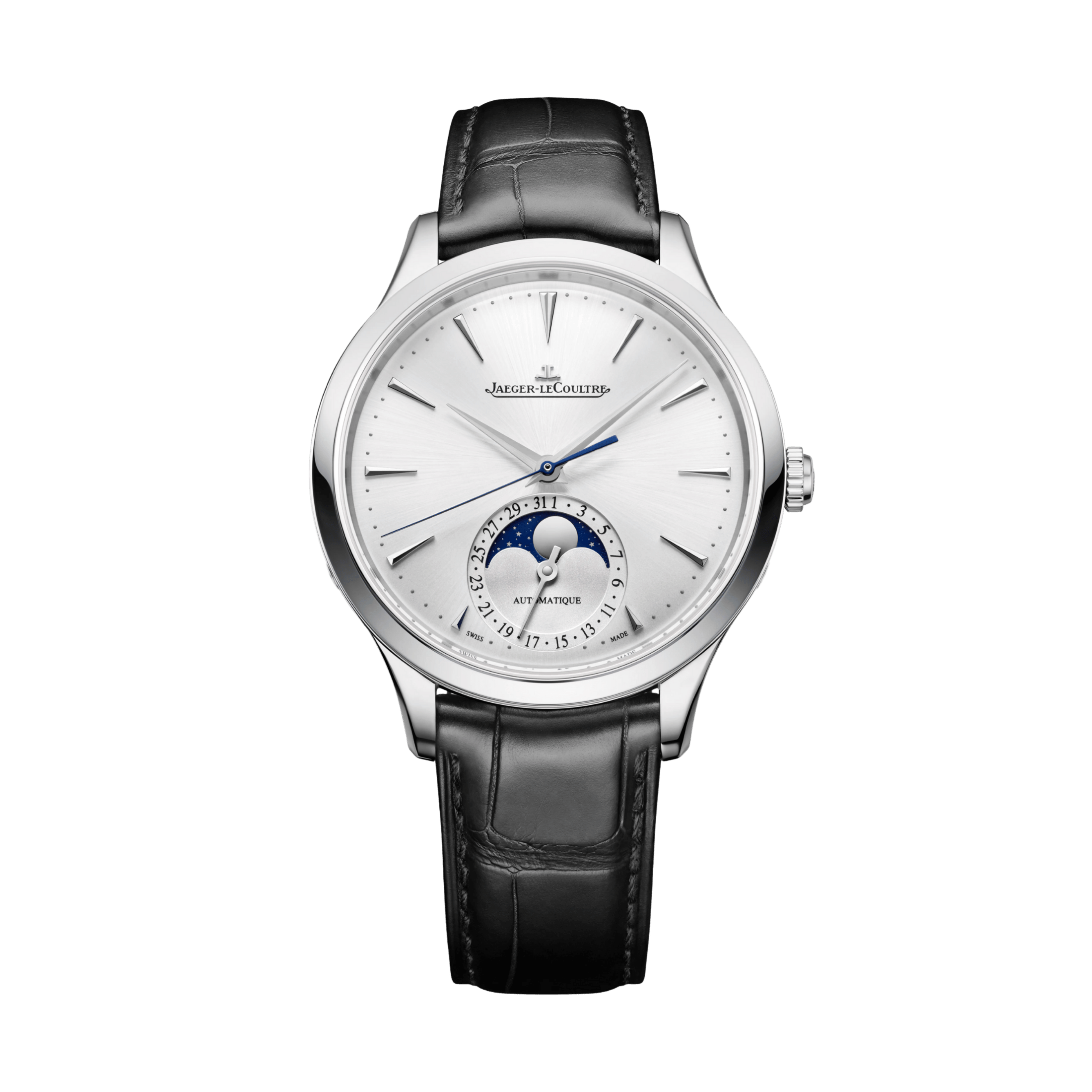 Montre Jaeger-LeCoultre Master Ultra Thin Moon automatique cadran argenté bracelet cuir noir 36 mm