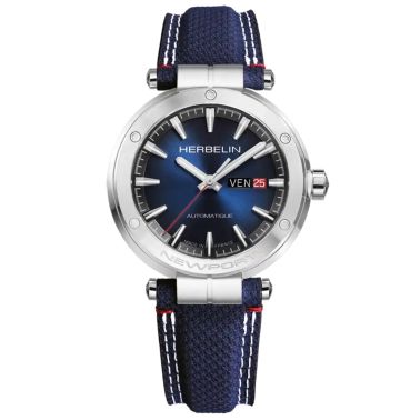 Herbelin Newport Auto Date watch with blue dial and blue textile strap, 40.5 mm