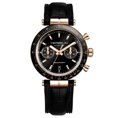Herbelin Newport Automatic Chronograph Watch with black dial and black leather strap, 42 mm