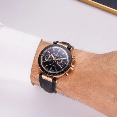 Herbelin Newport Automatic Chronograph Watch with black dial and black leather strap, 42 mm