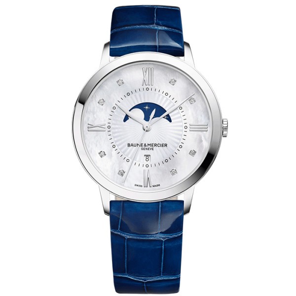 Montre Baume et Mercier Classima quartz cadran nacre bracelet cuir alligator bleu 36,5 mm