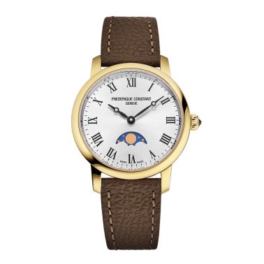 Montre Frédérique Constant Classics Slimline Ladies Moonphase quartz PVD or jaune cadran argenté bracelet cuir 30 mm
