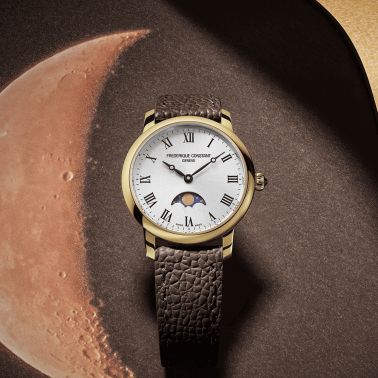 Montre Frédérique Constant Classics Slimline Ladies Moonphase quartz PVD or jaune cadran argenté bracelet cuir 30 mm