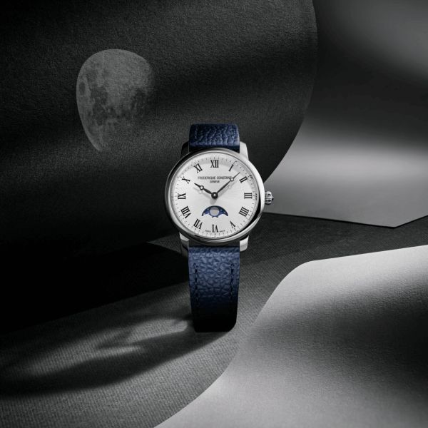 Montre Frédérique Constant Classics Slimline Ladies Moonphase quartz cadran argenté bracelet cuir 30 mm