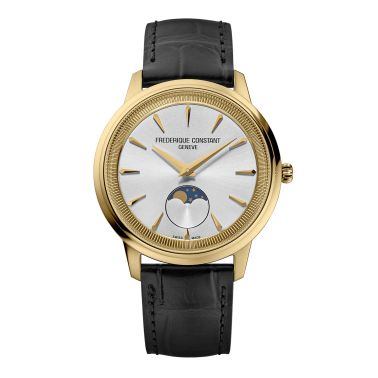 Frédérique Constant Classics Moneta Moonphase PVD yellow gold quartz silver dial leather strap 37 mm