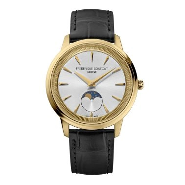 Montre Frédérique Constant Classics Moneta Moonphase PVD or jaune quartz cadran argent bracelet cuir 37 mm