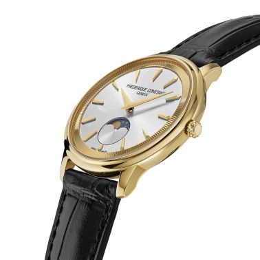 Montre Frédérique Constant Classics Moneta Moonphase PVD or jaune quartz cadran argent bracelet cuir 37 mm