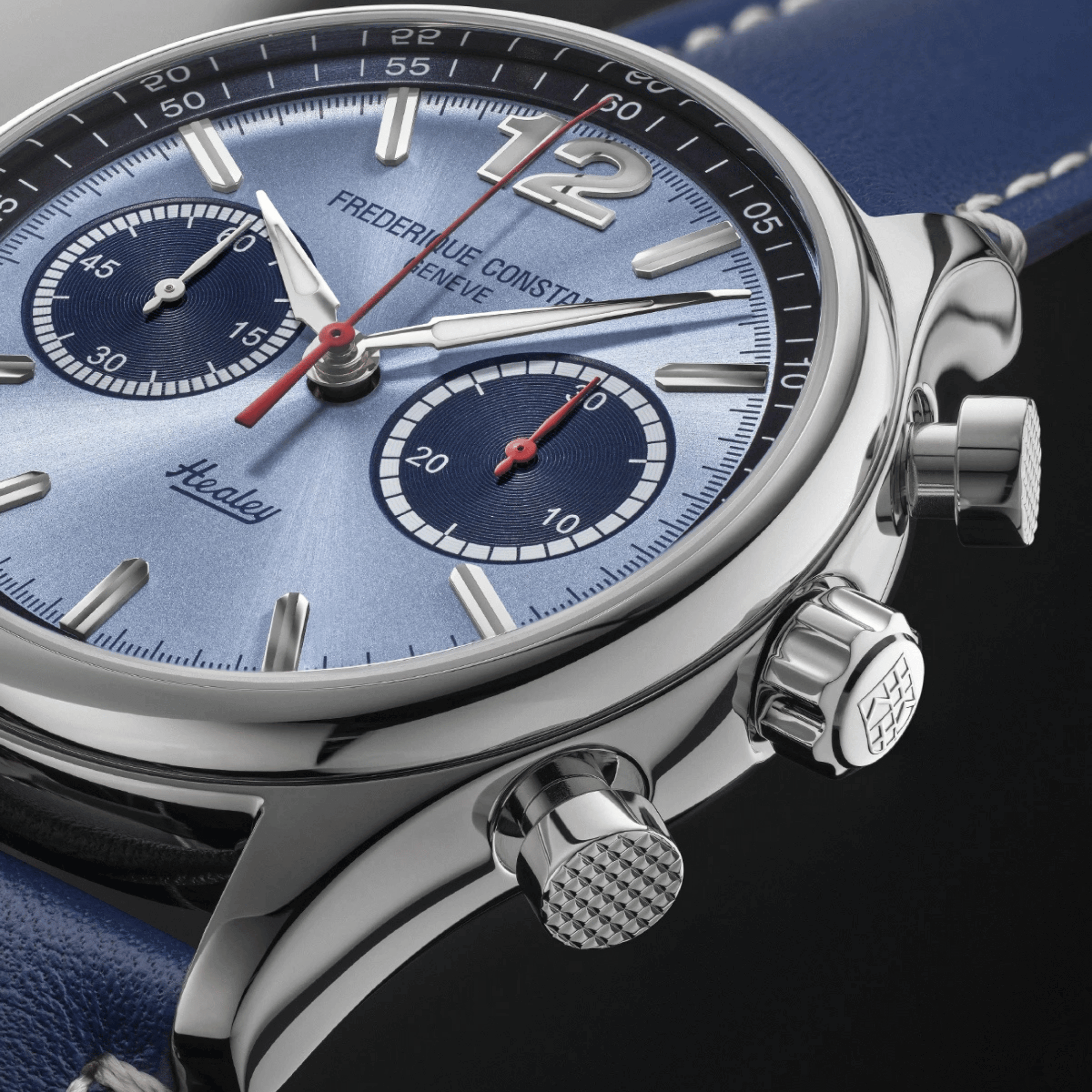 Frederique Constant Vintage Rally Healey Chronograph automatic blue dial leather strap 42 mm