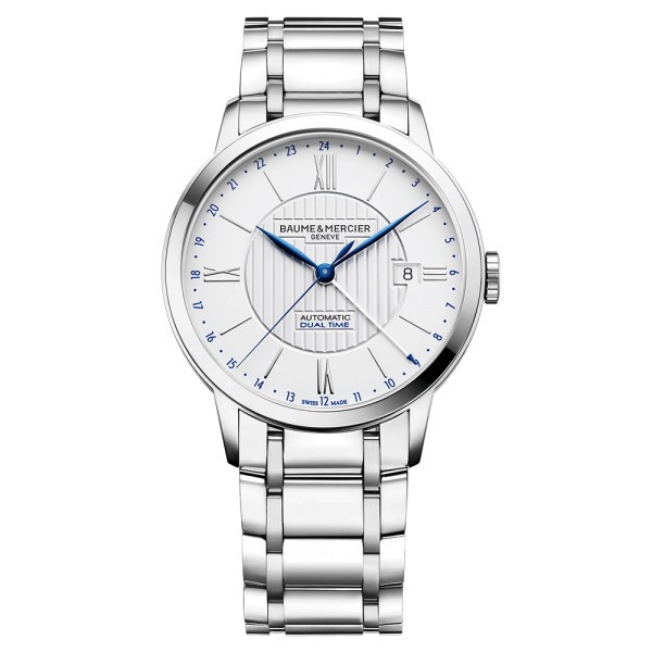 Montre Baume et Mercier Classima automatique Dual Time cadran argenté bracelet acier 40 mm