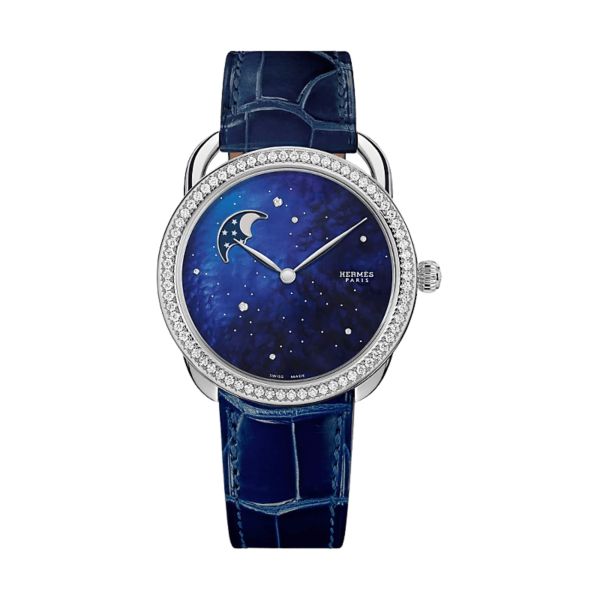 Montre HERMÈS Arceau Petite Lune Grand Modèle automatique cadran bleu bracelet cuir bleu 38 mm