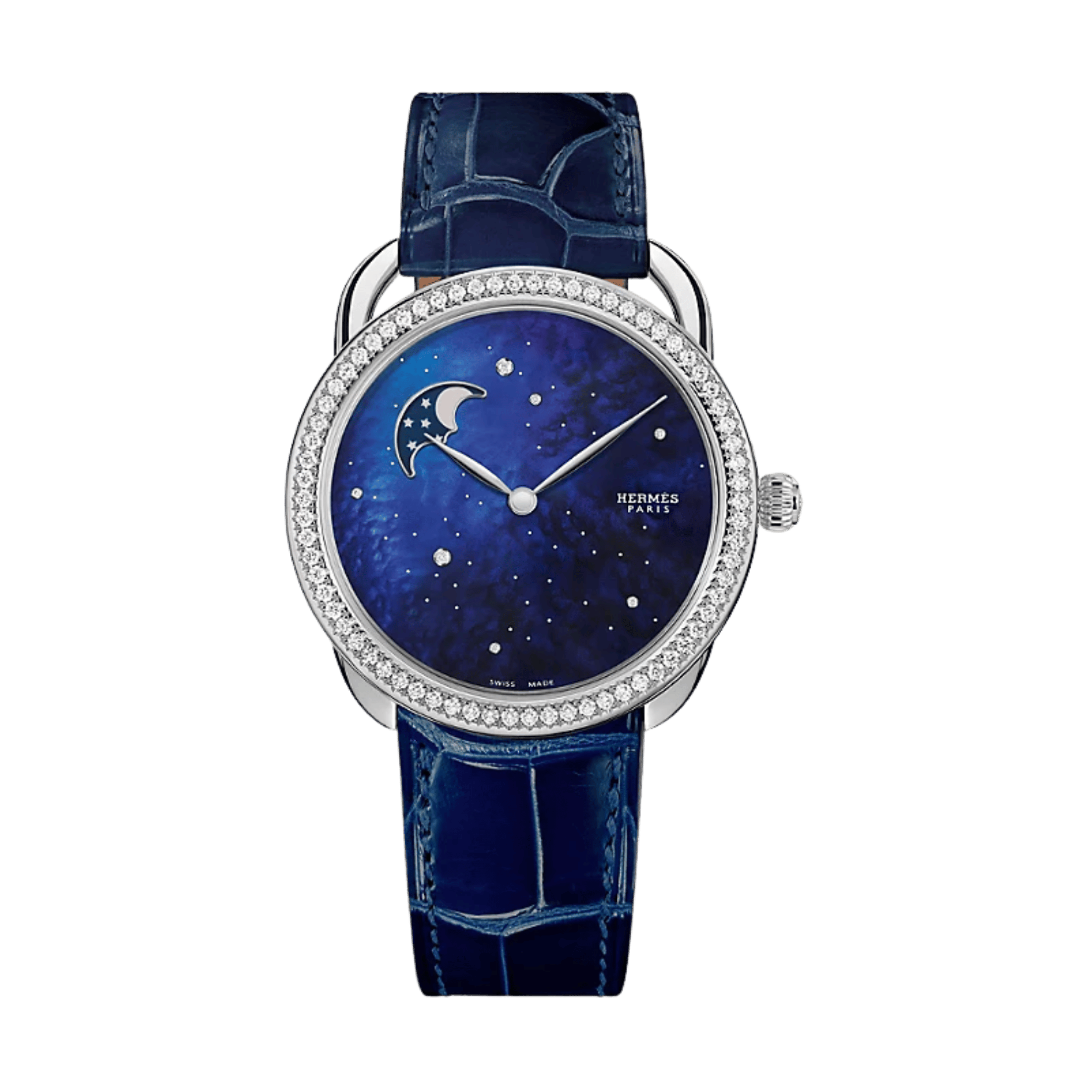 Montre HERMÈS Arceau Petite Lune Grand Modèle automatique cadran bleu bracelet cuir bleu 38 mm