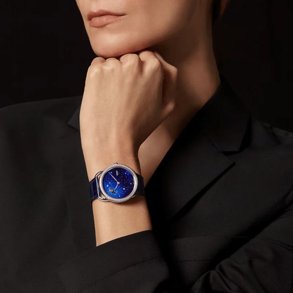 Montre HERMÈS Arceau Petite Lune Grand Modèle automatique cadran bleu bracelet cuir bleu 38 mm
