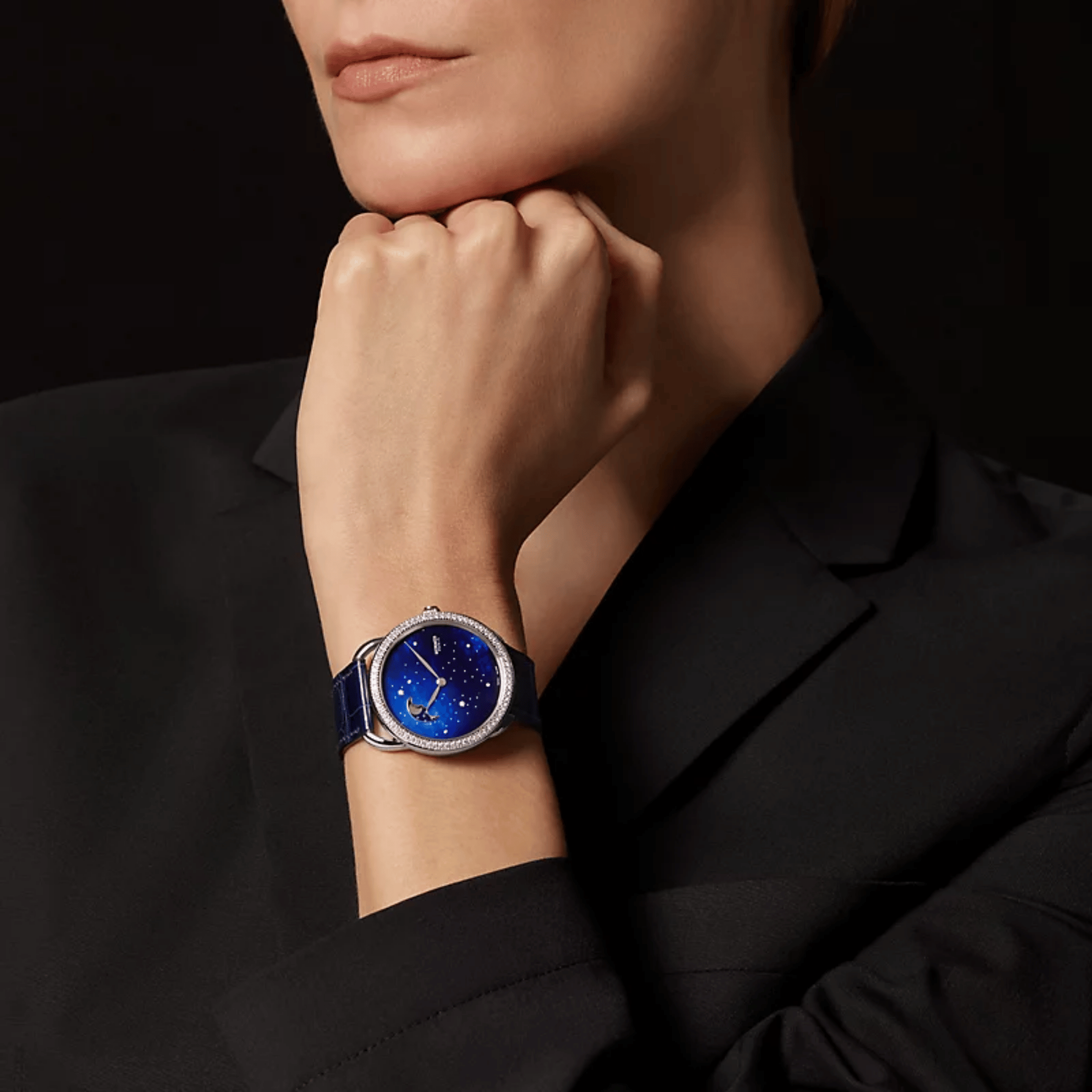 Montre HERMÈS Arceau Petite Lune Grand Modèle automatique cadran bleu bracelet cuir bleu 38 mm