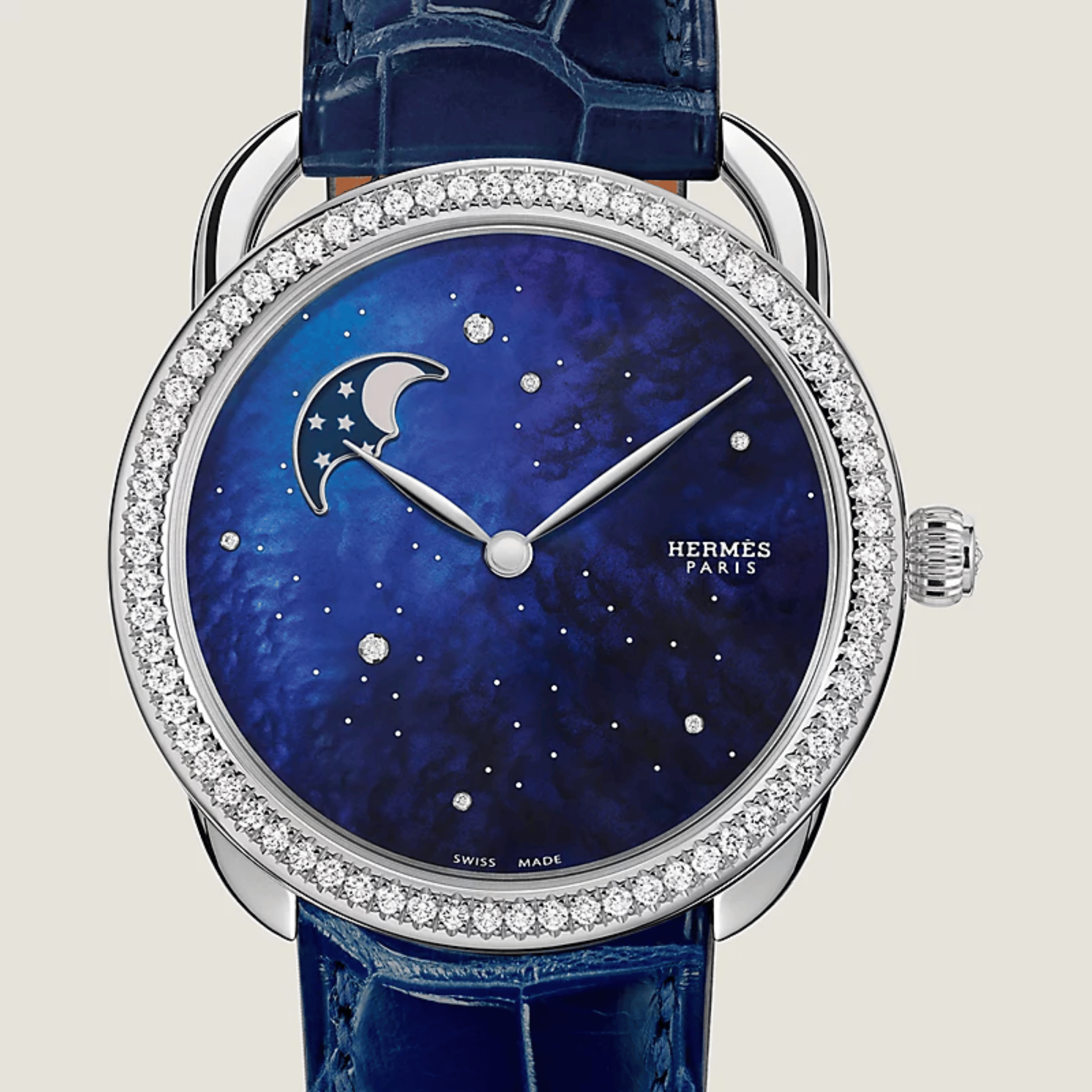 Montre HERMÈS Arceau Petite Lune Grand Modèle automatique cadran bleu bracelet cuir bleu 38 mm