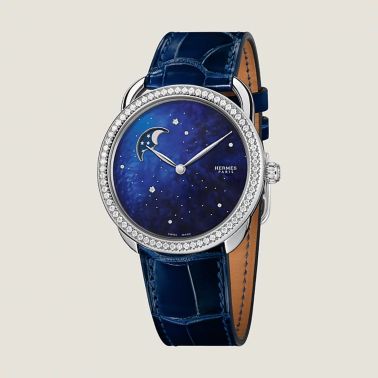 Montre HERMÈS Arceau Petite Lune Grand Modèle automatique cadran bleu bracelet cuir bleu 38 mm