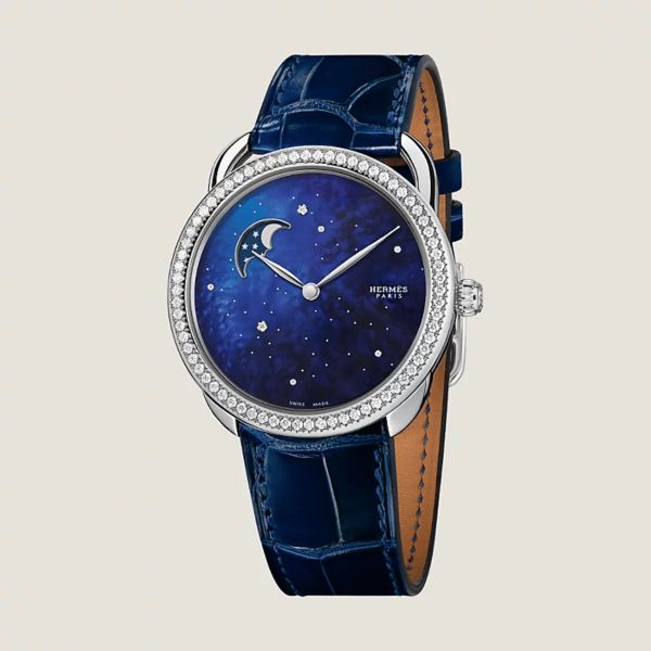 Montre HERMÈS Arceau Petite Lune Grand Modèle automatique cadran bleu bracelet cuir bleu 38 mm