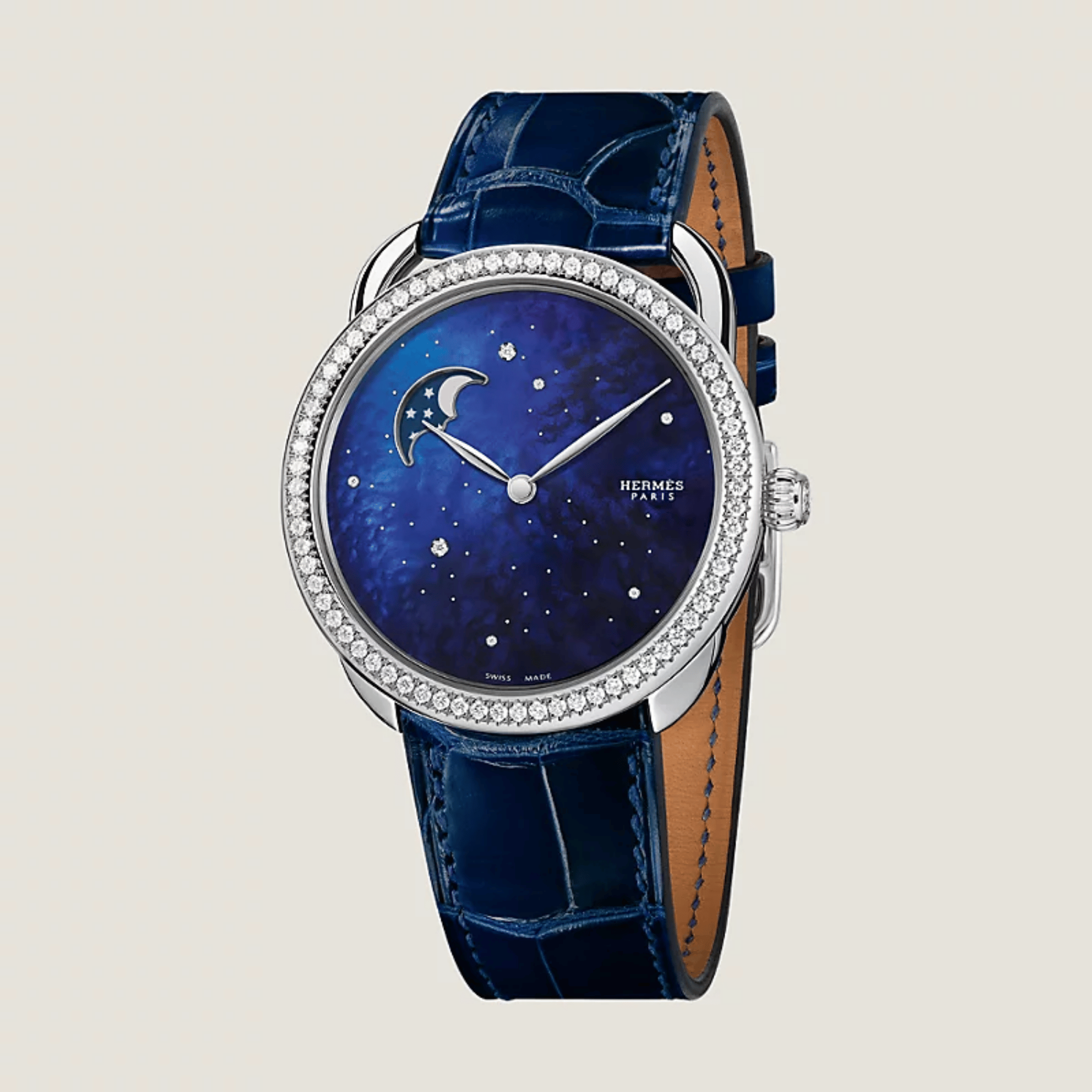 Montre HERMÈS Arceau Petite Lune Grand Modèle automatique cadran bleu bracelet cuir bleu 38 mm