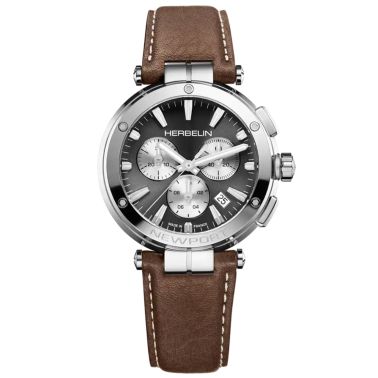 Michel Herbelin Newport Chrono quartz watch with black dial and brown leather strap, 40.5 mm