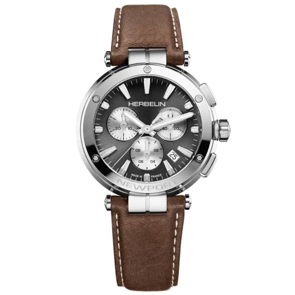 Montre Michel Herbelin Newport Chrono quartz cadran noir bracelet cuir marron 40,5 mm