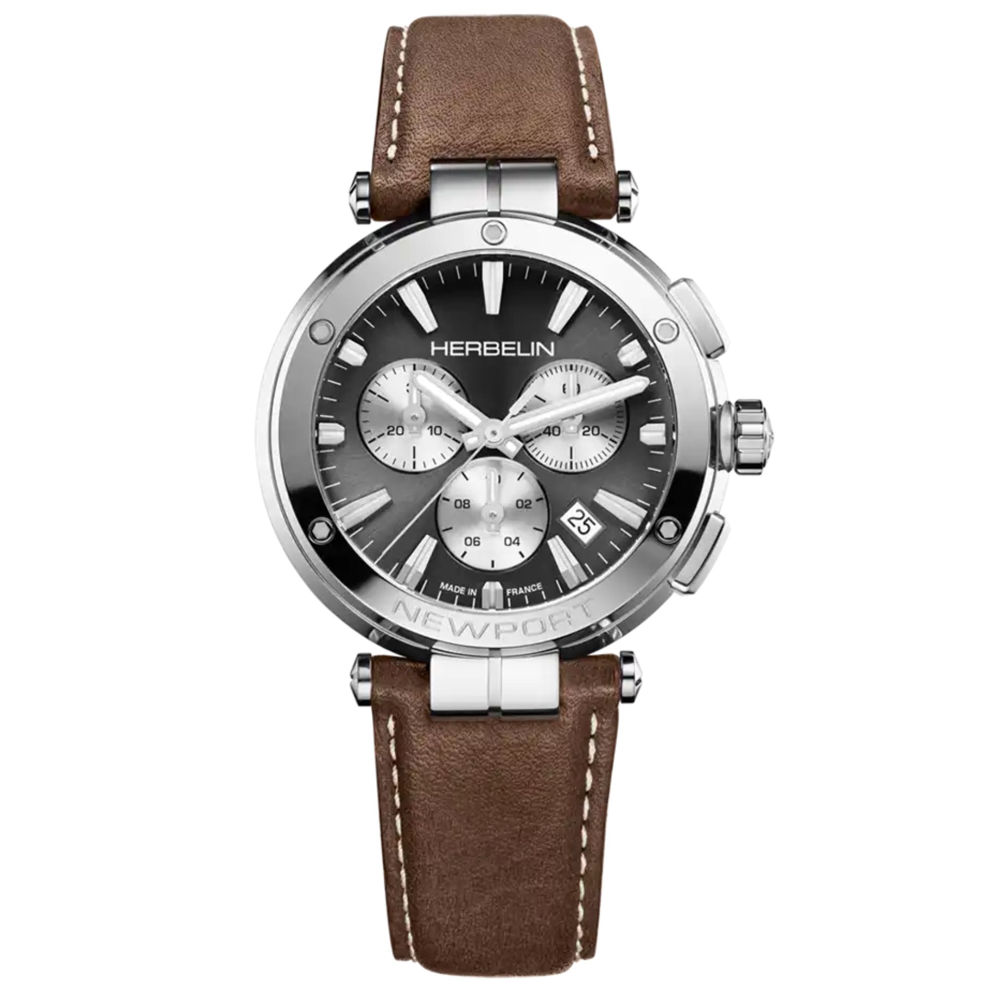 Montre Michel Herbelin Newport Chrono quartz cadran noir bracelet cuir marron 40,5 mm
