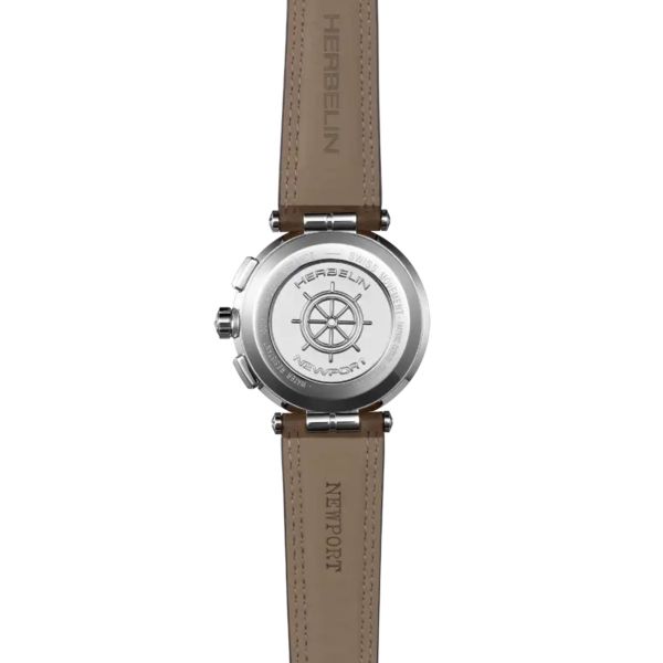 Michel Herbelin Newport Chrono quartz watch with black dial and brown leather strap, 40.5 mm