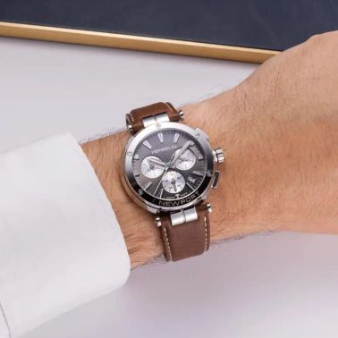 Michel Herbelin Newport Chrono quartz watch with black dial and brown leather strap, 40.5 mm