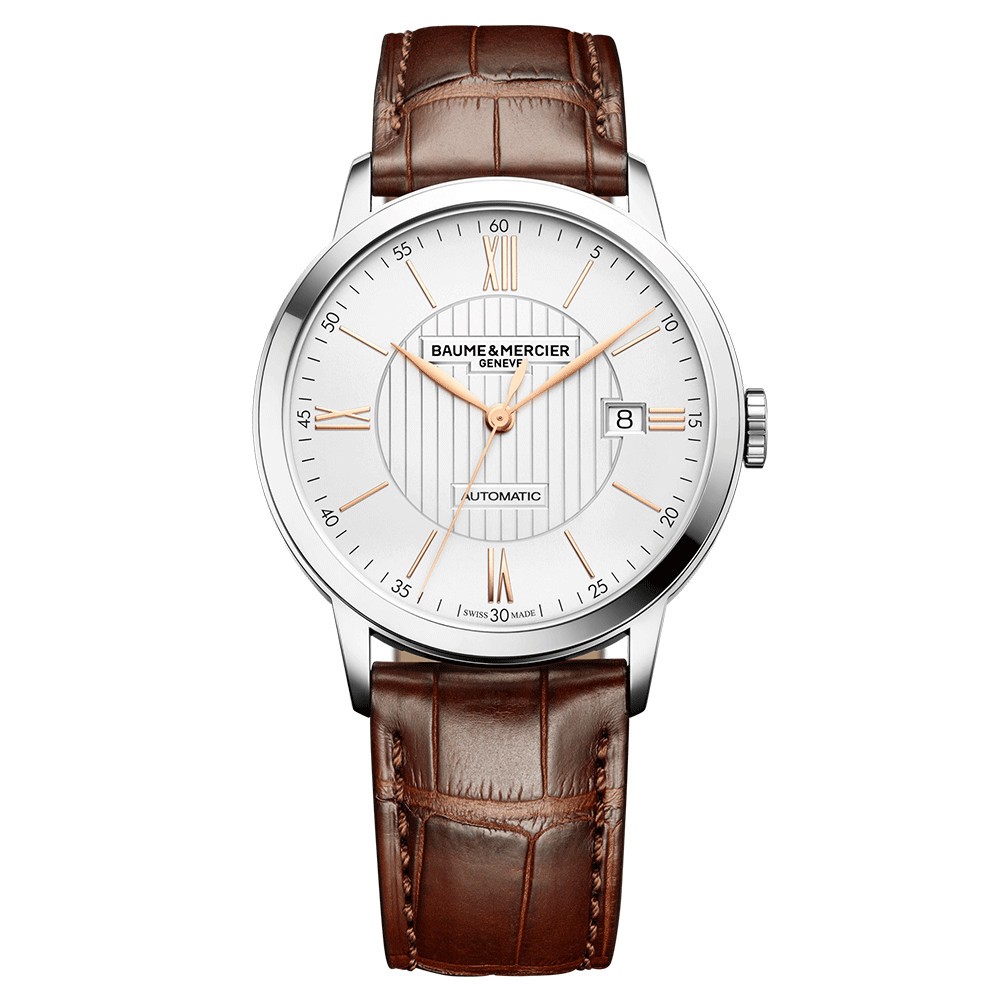 Montre Baume et Mercier Classima automatique cadran argenté bracelet cuir brun 40 mm