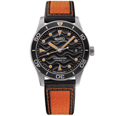 Mido Ocean Star 39 automatic watch with black dial and orange fabric strap, 39 mm