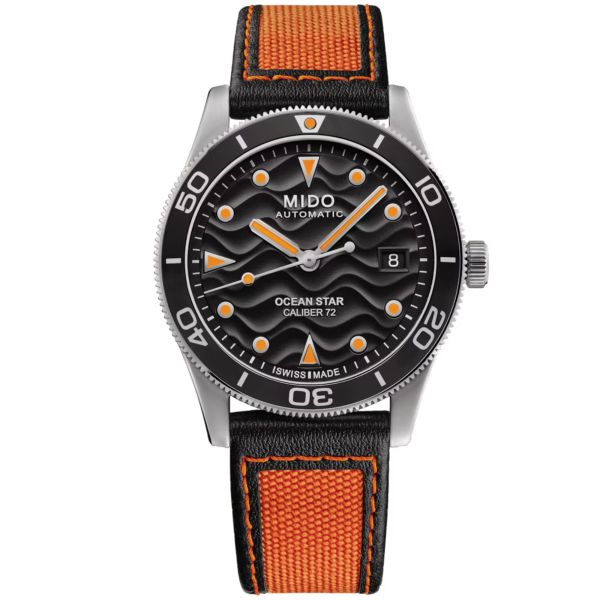 Mido Ocean Star 39 automatic watch with black dial and orange
