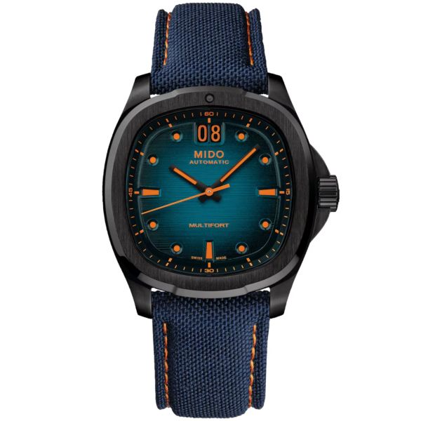 Montre Mido Multifort TV Big Date automatique cadran bleu bracelet tissu bleu 40 mm
