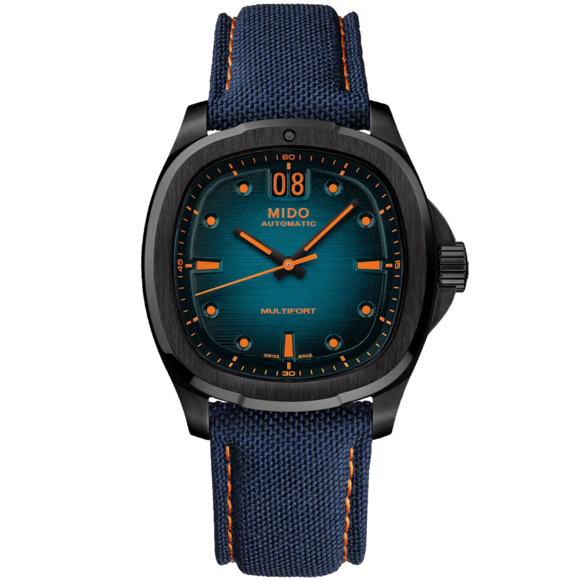 Montre Mido Multifort TV Big Date automatique cadran bleu bracelet tissu bleu 40 mm