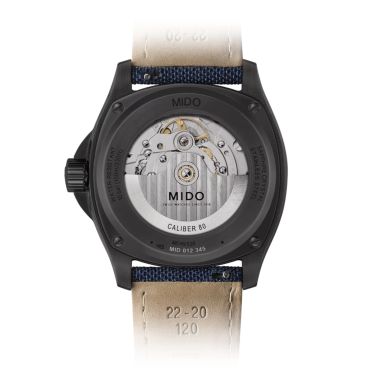 Mido Multifort TV Big Date automatic watch with blue dial and blue fabric strap, 40 mm
