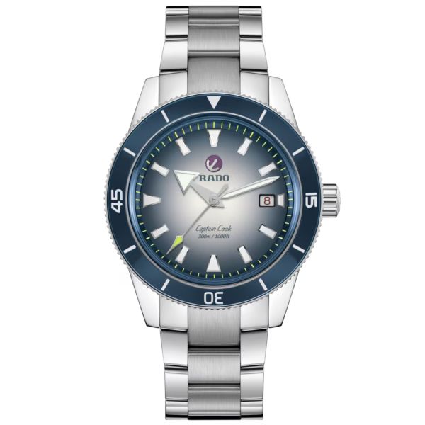 Rado Captain Cook automatic watch with blue dial, stainless steel bracelet, blue leather strap, and blue and white fabric strap,