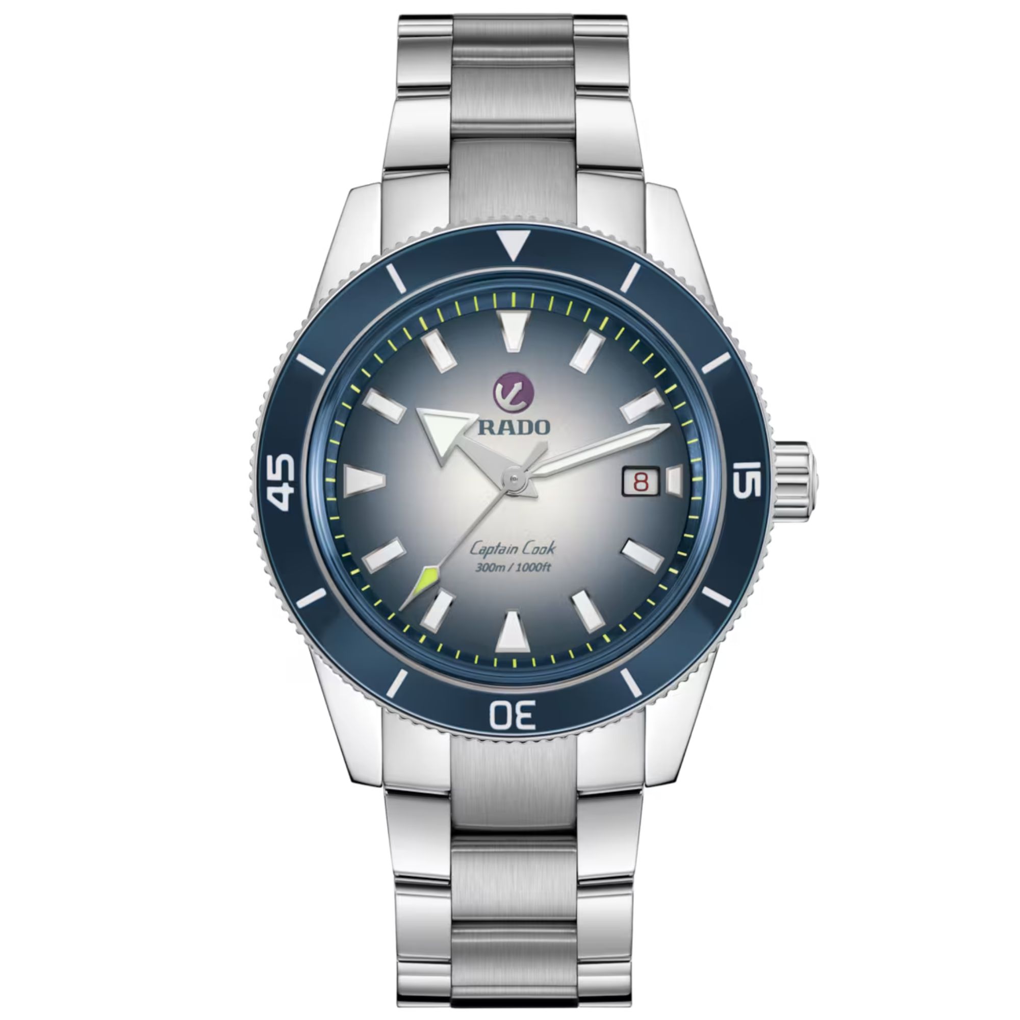 Rado Captain Cook automatic watch with blue dial, stainless steel bracelet, blue leather strap, and blue and white fabric strap,