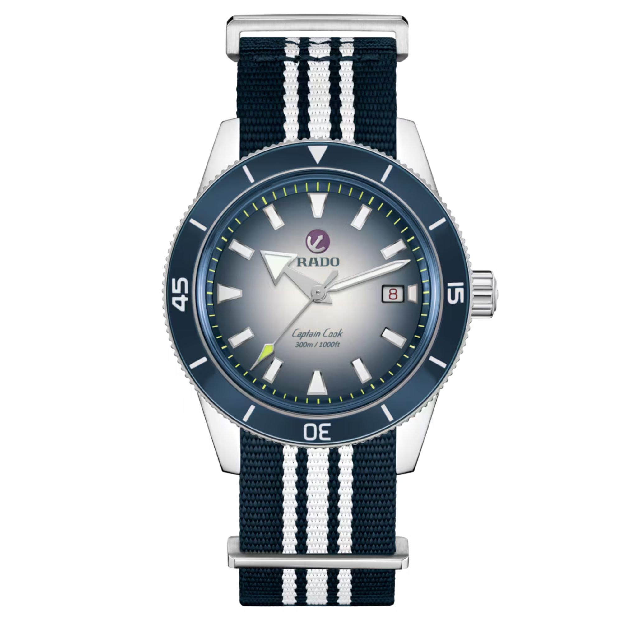 Rado Captain Cook automatic watch with blue dial, stainless steel bracelet, blue leather strap, and blue and white fabric strap,