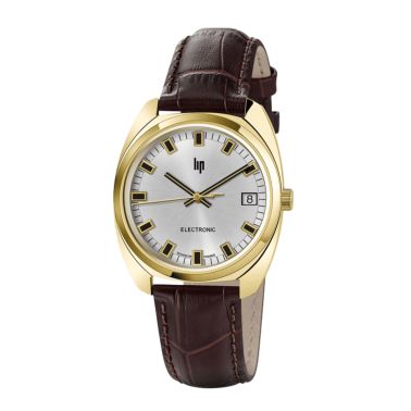 Montre Lip Général De Gaulle quartz acier PVD doré cadran argent bracelet cuir marron 35 mm