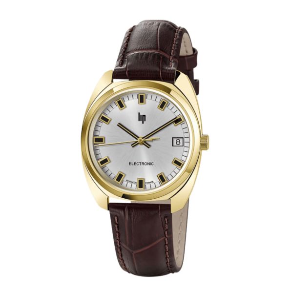 Montre Lip Général De Gaulle quartz acier PVD doré cadran argent bracelet cuir marron 35 mm