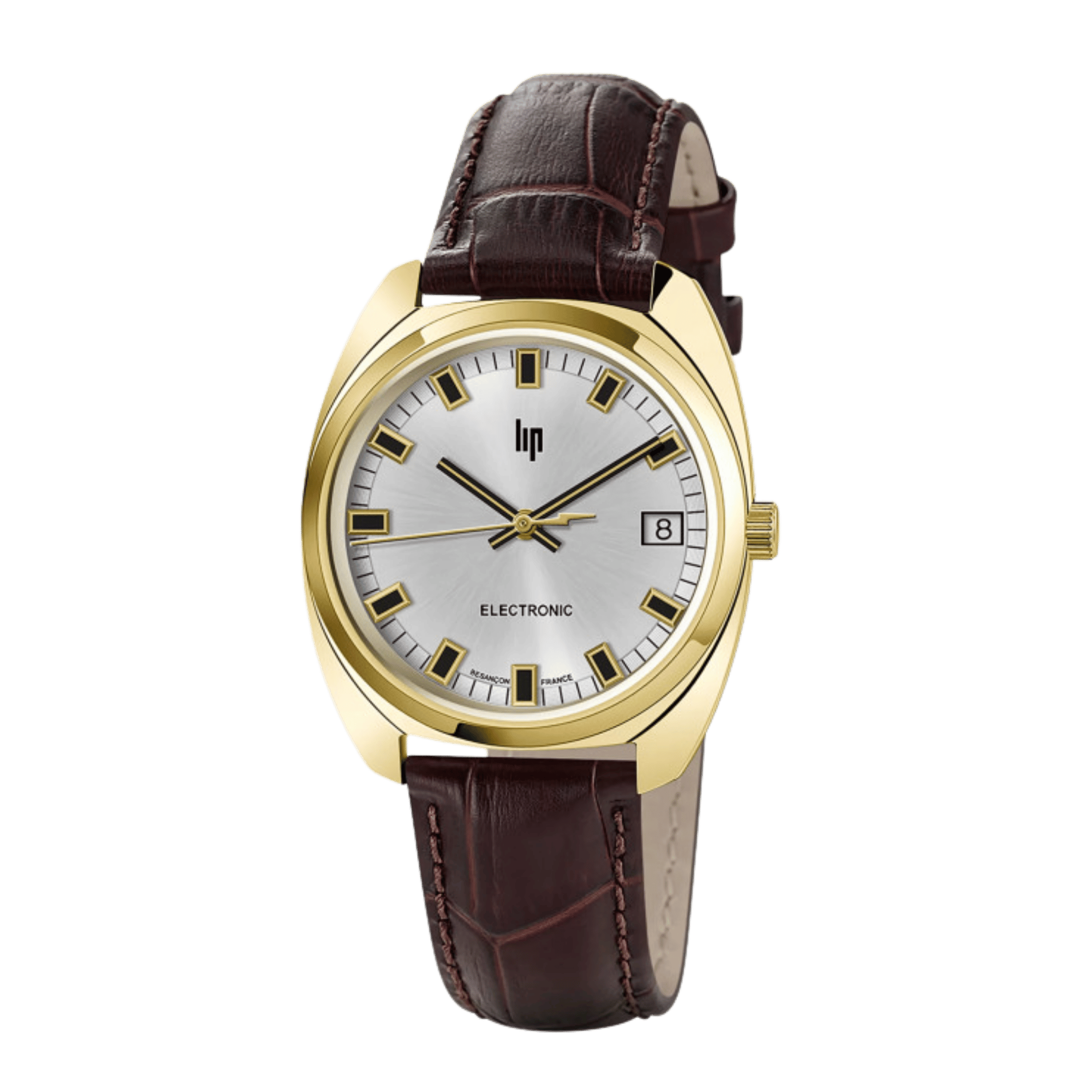 Montre Lip Général De Gaulle quartz acier PVD doré cadran argent bracelet cuir marron 35 mm