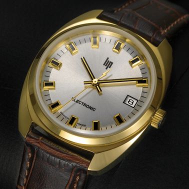 Lip Général De Gaulle quartz steel PVD gold dial silver brown leather strap 35 mm