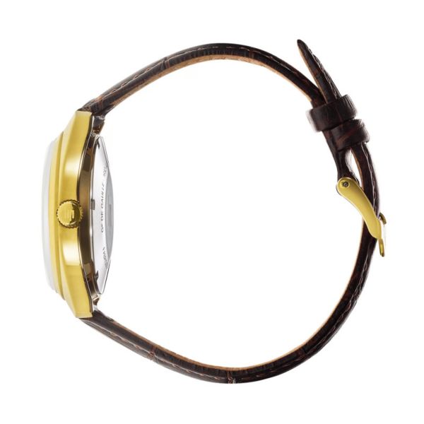 Montre Lip Général De Gaulle quartz acier PVD doré cadran argent bracelet cuir marron 35 mm